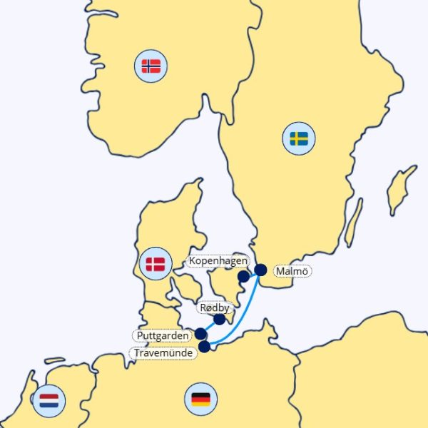 Kaart met veerboten en brug naar malmo in zweden